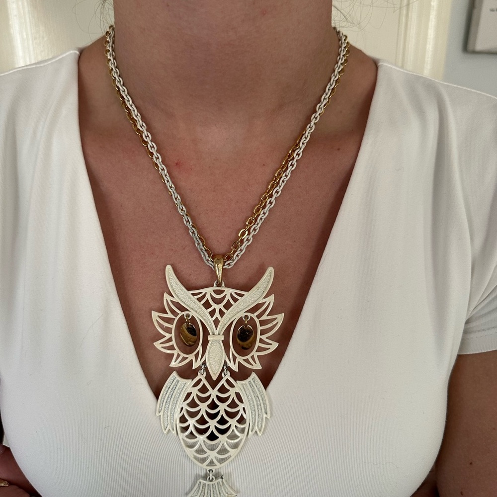 Vintage Owl Necklace White Enamel Gold Tone Articulated Body Double Chain
